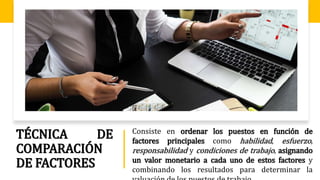 TÉCNICA DE
COMPARACIÓN
DE FACTORES
Consiste en ordenar los puestos en función de
factores principales como habilidad, esfuerzo,
responsabilidad y condiciones de trabajo, asignando
un valor monetario a cada uno de estos factores y
combinando los resultados para determinar la
 