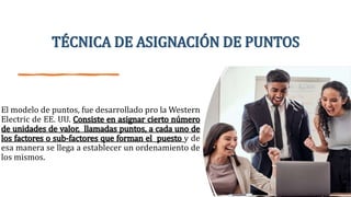 TÉCNICA DE ASIGNACIÓN DE PUNTOS
El modelo de puntos, fue desarrollado pro la Western
Electric de EE. UU. Consiste en asignar cierto número
de unidades de valor, llamadas puntos, a cada uno de
los factores o sub-factores que forman el puesto y de
esa manera se llega a establecer un ordenamiento de
los mismos.
 