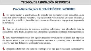 Procedimiento para la SELECCIÓN DE FACTORES
TÉCNICA DE ASIGNACIÓN DE PUNTOS
1. Se puede iniciar la construcción del modelo con los factores más conocidos, como
habilidad, esfuerzo (físico y mental), responsabilidad y condiciones laborales, así como, a
partir de ellos, establecer los subfactores necesarios. En resumen, hay que ir de lo general a
lo particular.
2. Con las descripciones de puestos, conviene seleccionar una abundante lista de
subfactores para, de ahí, elegir los más adecuados según las necesidades de la organización.
3. Sería recomendable contar con algunos modelos de valuación utilizados por empresas
del mismo ramo o por otras organizaciones similares a la nuestra, con la finalidad de
observar qué tipo de factores y subfactores se utilizan.
4. Se recomienda iniciar este ejercicio con los puestos tipo que cuentan con sus respectivas
 