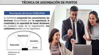 La habilidad comprende los conocimientos, las
destrezas desarrolladas por la experiencia, la
creatividad y la capacidad de tomar decisiones
en cualquier cargo de la organización. Los
subfactores pueden ser los siguientes:
Educación
Experiencia
Iniciativa
Juicio
Subfactores de
TÉCNICA DE ASIGNBACIÓN DE PUNTOS
Descripción del factor HABILIDAD
 