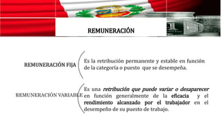 Es la retribución permanente y estable en función
de la categoría o puesto que se desempeña.
Es una retribución que puede variar o desaparecer
en función generalmente de la eficacia y el
rendimiento alcanzado por el trabajador en el
desempeño de su puesto de trabajo.
REMUNERACIÓN FIJA
REMUNERACIÓN VARIABLE
REMUNERACIÓN
 