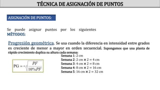 Progresión geométrica. Se usa cuando la diferencia en intensidad entre grados
es creciente de menor a mayor en orden secuencial. Supongamos que una planta de
rápido crecimiento duplica su altura cada semana:
TÉCNICA DE ASIGNACIÓN DE PUNTOS
ASIGNACIÓN DE PUNTOS:
Se puede asignar puntos por los siguientes
MÉTODOS:
Semana 1: 2 cm
Semana 2: 2 cm × 2 = 4 cm
Semana 3: 4 cm × 2 = 8 cm
Semana 4: 8 cm × 2 = 16 cm
Semana 5: 16 cm × 2 = 32 cm
 