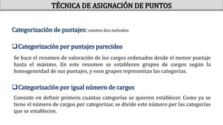 Categorización de puntajes: existen dos métodos
Categorización por puntajes parecidos
Se hace el resumen de valoración de los cargos ordenados desde el menor puntaje
hasta el máximo. En este resumen se establecen grupos de cargos según la
homogeneidad de sus puntajes, y esos grupos representan las categorías.
Categorización por igual número de cargos
Consiste en definir primero cuantas categorías se quieren establecer. Como ya se
tiene el número de cargos por categorizar, se divide este número por las categorías
que se establecen.
TÉCNICA DE ASIGNACIÓN DE PUNTOS
 