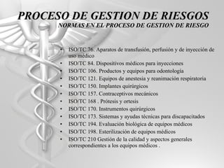 ISO/TC 76. Aparatos de transfusión, perfusión y de inyección de uso médico ISO/TC 84. Dispositivos médicos para inyecciones ISO/TC 106. Productos y equipos para odontología ISO/TC 121. Equipos de anestesia y reanimación respiratoria ISO/TC 150. Implantes quirúrgicos ISO/TC 157. Contraceptivos mecánicos ISO/TC 168 . Prótesis y ortesis ISO/TC 170. Instrumentos quirúrgicos ISO/TC 173. Sistemas y ayudas técnicas para discapacitados ISO/TC 194. Evaluación biológica de equipos médicos ISO/TC 198. Esterilización de equipos médicos ISO/TC 210 Gestión de la calidad y aspectos generales correspondientes a los equipos médicos . PROCESO DE GESTION DE RIESGOS NORMAS EN EL PROCESO DE GESTION DE RIESGO 