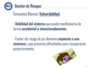 Gestión de Riesgos
Conceptos Básicos: Vulnerabilidad.

- Debilidad del sistema que puede manifestarse de
forma accidental o intencionadamente.

- Factor de riesgo de un elemento expuesto a una
amenaza y que presenta dificultades para recuperarse
posteriormente.



                                                       11
 