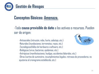 Gestión de Riesgos

Conceptos Básicos: Amenaza.

-Toda causa previsible de daño a los activos o recursos. Pueden
ser de origen:
   -Antisociales (intrusión, robo, hurto, sabotaje, etc.)
   -Naturales (inundaciones, terremotos, rayos, etc.)
   -Tecnológicas(fallos de hardware o software, etc.)
   -Biológicas (virus, bacterias, epidemias, etc.)
   -Antrópicas (manifestaciones, huelgas, accidentes laborales, etc.)
   -Otras (cortes de suministro, incumplimientos legales, retrasos de proveedores, no
   ajustarse al cronograma establecido, etc.)


                                                                                    13
 