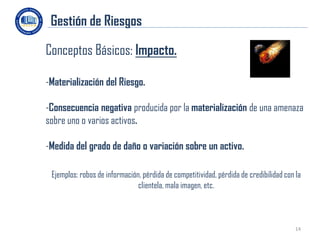 Gestión de Riesgos

Conceptos Básicos: Impacto.

-Materialización del Riesgo.

-Consecuencia negativa producida por la materialización de una amenaza
sobre uno o varios activos.

-Medida del grado de daño o variación sobre un activo.

 Ejemplos: robos de información, pérdida de competitividad, pérdida de credibilidad con la
                               clientela, mala imagen, etc.



                                                                                        14
 