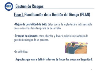 Gestión de Riesgos
Fase 1. Planificación de la Gestión del Riesgo (PLAN)

-Mejora la posibilidad de éxito del proceso de implantación, indispensable
que se de en las fase temprana de desarrollo.

-Proceso de decisión: cómo abordar y llevar a cabo las actividades de
gestión de riesgos de un proceso.


-En definitiva:

 Aspectos que van a definir la forma de hacer las cosas en Seguridad.


                                                                        18
 