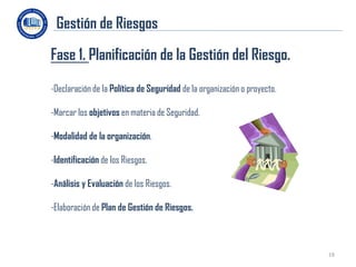 Gestión de Riesgos
Fase 1. Planificación de la Gestión del Riesgo.

-Declaración de la Política de Seguridad de la organización o proyecto.

-Marcar los objetivos en materia de Seguridad.

-Modalidad de la organización.

-Identificación de los Riesgos.

-Análisis y Evaluación de los Riesgos.

-Elaboración de Plan de Gestión de Riesgos.



                                                                          19
 