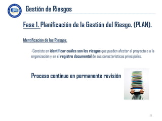 Gestión de Riesgos
 .




Fase 1. Planificación de la Gestión del Riesgo. (PLAN).

Identificación de los Riesgos.

     -Consiste en identificar cuáles son los riesgos que pueden afectar al proyecto o a la
     organización y en el registro documental de sus características principales.



     Proceso continuo en permanente revisión




                                                                                      21
 