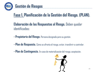 Gestión de Riesgos

Fase 1. Planificación de la Gestión del Riesgo. (PLAN).

Elaboración de las Respuestas al Riesgo. Deben quedar
identificados:

- Propietario del Riesgo. Persona designada para su gestión.

- Plan de Respuesta. Cómo se afronta el riesgo, evitar, transferir o controlar.

- Plan de Contingencia. En caso de materialización del riesgo, aceptación.




                                                                                  28
 
