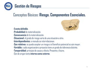 Gestión de Riesgos

Conceptos Básicos: Riesgo. Componentes Esenciales.


-Evento definible.
-Probabilidad de materialización.
-Consecuencia de la materialización.
-Situacional: el grado de riesgo varía de una situación a otra.
-Interdependientes: a menudo se interrelacionan.
-Son relativos: se puede aceptar un riesgo si el beneficio potencial es aún mayor.
-Variables: cada organización o proyecto tiene un grado de tolerancia distinto.
-Temporalidad: principio de causa y efecto. Presente y futuro.
-Son de origen tanto interno como externo.



                                                                                     9
 