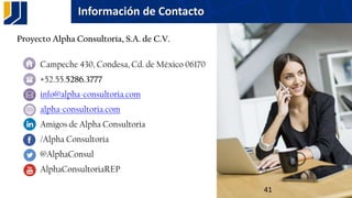 Información de Contacto
Proyecto Alpha Consultoría, S.A. de C.V.
o Campeche 430, Condesa, Cd. de México 06170
o +52.55.5286.3777
o info@alpha-consultoria.com
o alpha-consultoria.com
o Amigos de Alpha Consultoria
o /Alpha Consultoria
o @AlphaConsul
o AlphaConsultoriaREP
41
 