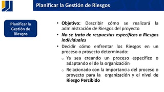 Planificar la Gestión de Riesgos
Planificar la
Gestión de
Riesgos
• Objetivo: Describir cómo se realizará la
administración de Riesgos del proyecto
• No se trata de respuestas específicas a Riesgos
individuales
• Decidir cómo enfrentar los Riesgos en un
proceso o proyecto determinado:
o Ya sea creando un proceso específico o
adaptando el de la organización
o Relacionado con la importancia del proceso o
proyecto para la organización y el nivel de
Riesgo Percibido
 