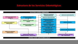 Estructura de los Servicios Odontológicos
SERVICIO DE DIAGNÓSTICO
ODONTOLÓGICO
SERVICIO DE ODONTOLOGÍA
GENERAL
SERVICIO DE ODONTOLOGÍA
ESPECIALIZADA
SERVICIO DE ODONTOPEDIATRÍA
SERVICIO DE CIRUGÍA ORAL Y
MAXILOFACIAL
SERVICIO DE URGENCIAS
ODONTOLÓGICAS
SERVICIO DE RADIOLOGÍA E
IMAGINOLOGÍA ORAL Y MAXILOFACIAL
SERVICIO DE PATOLOGÍA Y MEDICINAL
ORAL Y MAXILOFACIAL
SERVICIO DE ENDODONCIA Y
CARIELOGÍA
SERVICIO DE PERIODONCIA Y
OSEOINTEGRACIÓN
SERVICIO DE REHABILITACIÓN ORAL
Y OCLUSIÓN - ATM
SERVICIO DE ORTODONCIA Y
ORTOPEDIA MAXILAR
SERVICIO DE ATENCIÓN DE
PACIENTES ESPECIALES
SERVICIO DE IMPLANTOLOGÍA ORAL
SERVICIO DE ODONTOLOGÍA
RESTAURADORA
SERVICIO DE ODONTOGERIATRÍA
LABORATORIO DENTAL
SERVICIO DE ODONTOLOGÍA
PREVENTIVA
SERVICIO DE ODONTOLOGÍA
ESTÉTICA Y COSMÉTICA
SALUD PÚBLICA, GESTIÓN Y ADMINISTRACIÓN
AUDITORÍA, CALIDAD Y ASPECTOS MÉDICO-LEGALES
 