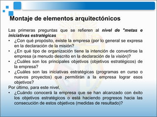 Montaje de elementos arquitectónicos
Las primeras preguntas que se refieren al nivel de "metas e
iniciativas estratégicas
...