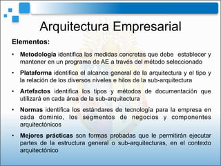 Arquitectura Empresarial
Elementos:
•  Metodología identifica las medidas concretas que debe establecer y
mantener en un p...
