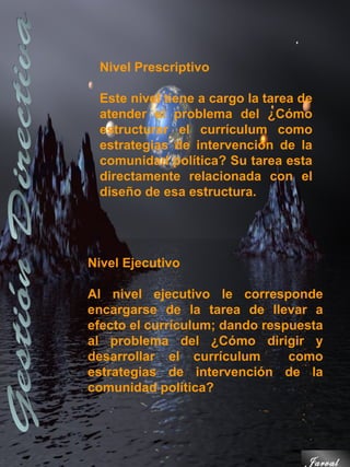 Nivel Prescriptivo

 Este nivel tiene a cargo la tarea de
 atender el problema del ¿Cómo
 estructurar el currículum como
 estrategias de intervención de la
 comunidad política? Su tarea esta
 directamente relacionada con el
 diseño de esa estructura.




Nivel Ejecutivo

Al nivel ejecutivo le corresponde
encargarse de la tarea de llevar a
efecto el currículum; dando respuesta
al problema del ¿Cómo dirigir y
desarrollar el currículum       como
estrategias de intervención de la
comunidad política?




                                   Jarval
 