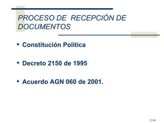 Constitución Política  Decreto 2150 de 1995 Acuerdo AGN 060 de 2001.  PROCESO DE  RECEPCIÓN DE DOCUMENTOS 