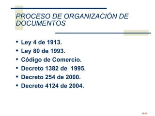 Ley 4 de 1913.  Ley 80 de 1993. Código de Comercio.  Decreto 1382 de  1995.  Decreto 254 de 2000.  Decreto 4124 de 2004.  PROCESO DE ORGANIZACIÓN DE DOCUMENTOS 