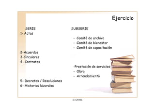 Ejercicio
   SERIE                     SUBSERIE
1- Actas
                             - Comité de archivo
                             - Comité de bienestar
                             - Comité de capacitación
2-Acuerdos
3-Circulares
4- Contratos
                             -Prestación de servicios
                             - Obra
                             - Arrendamiento
5- Decretos / Resoluciones
6- Historias laborales



                             E.TORRES
 