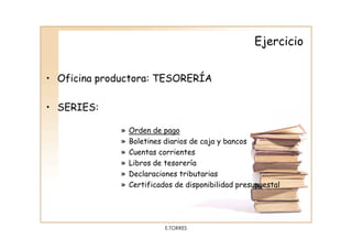 Ejercicio


• Oficina productora: TESORERÍA

• SERIES:

              »   Orden de pago
              »   Boletines diarios de caja y bancos
              »   Cuentas corrientes
              »   Libros de tesorería
              »   Declaraciones tributarias
              »   Certificados de disponibilidad presupuestal




                            E.TORRES
 