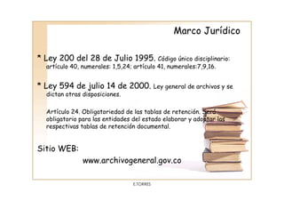Marco Jurídico

* Ley 200 del 28 de Julio 1995. Código único disciplinario:
  artículo 40, numerales: 1,5,24; artículo 41, numerales:7,9,16.


* Ley 594 de julio 14 de 2000. Ley general de archivos y se
  dictan otras disposiciones.

  Artículo 24. Obligatoriedad de las tablas de retención. Será
  obligatorio para las entidades del estado elaborar y adoptar las
  respectivas tablas de retención documental.


Sitio WEB:
               www.archivogeneral.gov.co

                                 E.TORRES
 