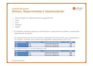 La Gestión Documental
Alfresco. Requerimientos e implementación

 •   Alfresco puede ser implementado en los siguientes SO:
 •   Linux.
 •   Unix.
 •   Windows.
 •   MacOS.

 • El instalador de Alfresco puede ser autosuficiente e instala todos los módulos y componentes
   requeridos por el sistema.

 • Los requerimientos de recursos hardware, dependerán del uso previsto para la plataforma y
   sus servicios, sirviendo como referencia las siguientes configuraciones para Linux:




 • Los requerimientos en un host Windows serían:




www.grupointellego.com
www.intellego.com.mx
 