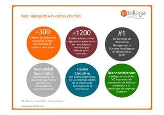 Valor agregado a nuestros clientes



                +300                                    +1200                           #1
         Clientes de diferentes                       Colaboradores a nivel        en servicios de
            industrias se han                       regional con experiencia        Information
             beneficiado de                             en tecnologías y           Management y
          nuestras soluciones                             metodologías          Business Intelligence
                                                          líderes en el
                                                                                  en México en el
                                                            mercado
                                                                                        2010*




               Neutralidad                                 Equipo
               tecnológica                                Ejecutivo            Reconocimientos
             Recomendamos las                        con amplia experiencia     Intellego es una de las
           soluciones que más se                     en las empresas líderes      500 empresas más
                ajusten a las                           de la industria de     importantes de México y
               necesidades de                           Tecnologías de la           pertenece a la
              nuestros clientes                            Información         comunidad de empresas
                                                                                       Endeavor


*IDC IT Services Tracker 2010 – Intellego Markets

www.grupointellego.com
www.intellego.com.mx
www.grupointellego.com
 