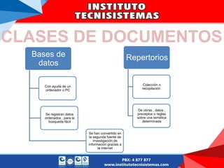 Bases de
datos
Con ayuda de un
ordenador o PC
Se registran datos
ordenados , para la
búsqueda fácil
Se han convertido en
la segunda fuente de
investigación de
información gracias a
la internet
Repertorios
Colección o
recopilación
De obras , datos ,
preceptos o reglas
sobre una temática
determinada
CLASES DE DOCUMENTOS
 