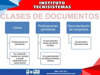 CLASES DE DOCUMENTOS
Libros
Publicaciones no
periódicas
Su contenido
puede ser variado
y puede
presentarse en
varios tomos
Publicaciones
periódicas
Si son periodos
cortos se llaman
revistas
Si la periodicidad
es diaria se llaman
Diarios
Documentación
de congresos
Acostumbran
llamarse Actas
 