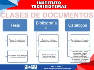 Tesis
Recoge el resultado de un
trabajo de investigación
Es sometido a una revisión y
control de una institución
Bibliografía
s
Describen y clasifican
referencias de documentos
Con el fin de darlos a
conocer y hacerlos
accesibles al individuo
Catálogos
Son colecciones de registros
de diferentes documentos
Entre ellos están : Textos ,
composición musical,
material cartográfico,
Material proyectable,
Documento sonoro, Archivo
de ordenador, Documento
electrónico (e-mail)
CLASES DE DOCUMENTOS
 