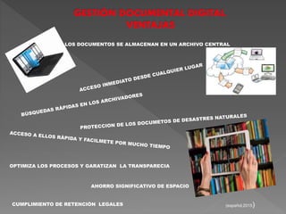 LOS DOCUMENTOS SE ALMACENAN EN UN ARCHIVO CENTRAL
OPTIMIZA LOS PROCESOS Y GARATIZAN LA TRANSPARECIA
AHORRO SIGNIFICATIVO DE ESPACIO
CUMPLIMIENTO DE RETENCIÒN LEGALES (español,2015)
 