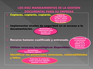  Copiarás, copiarás, copiarás.
 Implementar niveles de seguridad en el acceso a la
documentación.
 Recurso humano cualificado y entrenado.
 Utilizar recursos tecnológicos disponibles.
 Identificar las potenciales amenazas, vulnerabilidades
y fallos.
Copias de
seguridad todos
los días , discos
duros externos,
Gran Backup.
Restricciones y
seguimientos para
acceder a la
información.
Profesionales de
la información
con buenos
hábitos en el
manejo de la
información.
Herramientas
tecnológicas digitales.
Protocolos de actuación,
contra amenazas digitales,
minimizar o transferir.
 