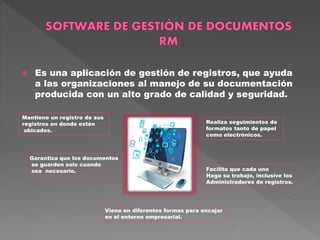  Es una aplicación de gestión de registros, que ayuda
a las organizaciones al manejo de su documentación
producida con un alto grado de calidad y seguridad.
Realiza seguimientos de
formatos tanto de papel
como electrónicos.
Garantiza que los documentos
se guarden solo cuando
sea necesario. Facilita que cada uno
Haga su trabajo, inclusive los
Administradores de registros.
Viene en diferentes formas para encajar
en el entorno empresarial.
Mantiene un registro de sus
registros en donde estén
ubicados.
 