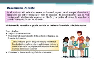 Es el accionar del educador como profesional experto en el campo educacional,
apropiado del saber pedagógico para la creación de conocimientos que se van
construyendo diariamente cuando se diseña y organiza el modo de enseñar, o
cuando se interactúa con los alumno.
Desempeño Docente
Para ello debe:
 Mejorar su conocimiento
 Contribuir al mejoramiento de la gestión pedagógica de
los establecimientos
 Favorecer la formación integral de los educandos.
Como principal gestor de aprendizaje y orientador
de estudiantes, mejorará las relaciones con colegas y
su contribución a los proyectos de mejoramiento del
establecimiento educacional.
El desarrollo profesional puede ocurrir en varias esferas de la vida del docente.
 