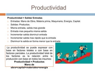 Productividad
Productividad = Salida/ Entradas
 Entradas: Mano de Obra, Materia prima, Maquinaria, Energía, Capital.
 Salidas: Productos.
 Misma entrada, salida mas grande
 Entrada mas pequeña misma salida
 Incrementar salida disminuir entrada
 Incrementar salida mas rápido que la entrada
 Disminuir la salida en forma menor que la entrada
La productividad se puede expresar con
base en factores totales o con base en
factores parciales. La productividad total de
los factores es la relación entre la
producción con base en todos los insumos:
Productividad = Productos
Mano de
obra+capital+materiales+energia
 