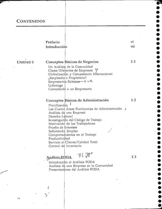 CONTENIDOS
UNIDADi
Prefacio
Introducción
Conceptos Básicos de Negocios
Un Análisis de la Comunidad
Clases Diferentes de Empresas y
Globalizacion y Competencia Internacional
vi
vii
1.1
¿Empleado o Propietario?
Empresarios Exitosos—*
Liderazgo
Conociendo a un Empresario
Conceptos Básicos de Administración
I |
Planificación '
1.2
Las Cuatro
Análisis de
Áreas Funcionales de Administración /
una Empresa
Derecho Laboral
Investigación del Código de Trabajo
Motivación de los Trabajadores
Prueba de Intereses
Solicitando Empleo
Comportamientos en el Trabajo
Productividad
Servicio al
Control de
Cliente/Calidad Total
Inventario
<L (
Análisis_EaDA_
Introducción al Análisis FODA
Análisis de una Empresa en la Comunidad
Presentaciones del Análisis FODA
r.3
IV
 