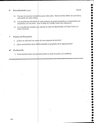 Procedimiento (cont.);
12. Los estudiantes calcularán
2.1.8
11. Proveer los montos monetarios para cada costo. Estos montos deben ser precisos y
calculados de casos reales.
costo unitario en grupos pequeños y compartirán sus
resultados con los otros. Usar la Hoja de Trabajo como una referencia.
13. Los estudiantes tendrán que calcular el costo de Mortalidad, el Costo Total y el
Costo Unitario.
? Puntos de Discusión:
1. ¿Cómo se calculará los costos de una empresa de servicio?
2. ¿Qué característica hace difícil entender el propósito de la depreciación?
• Evaluación:
• Todos habrán hecho los ejercicios sobre la carne de pollo y la confitería.
9
9
9
9
108
 
