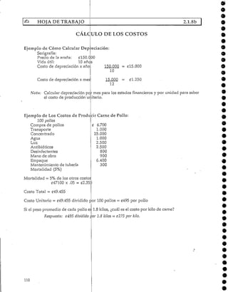 HOJA DE TRABAJO
O
O
2.1.8b
CALCULO DE LOS COSTOS
Ejemplo de Cómo Calcular Depreciación:
Serigrafía:
Precio de la araña: £150.000
Vida útil: 10 años
Costo de depreciación x año
Costo de depreciación x mes
150.000 = £15.000
10
= Cl.250
12
Nota: Calcular depreciación por mes para los estados financieros y por unidad para saber
el costo de producción unitario.
Ejemplo de Los Costos de Producir Carne de Pollo:
200 pollos
Compra de pollos £ 6.700
Transporte 1.000
Concentrado 25.000
Agua 1.000
Luz 2.500
Antibióticos 2.500
Desinfectantes 800
Mano de obra 900
Empaque 6.400
Mantenimiento de tubería 300
Mortalidad (5%)
Mortalidad = 5% de los otros costos
£47100 x .05 = £2.355
Costo Total = £49.455
Costo Unitario = £49.455 dividido por 100 pollos = £495 por pollo
1.8 kilos, ¿cuál es el costo por kilo de carne?
por 1.8kilos - $275 porkilo.
Si el peso promedio de cada pollo eí
Respuesta: ¿495 dividido
110
 