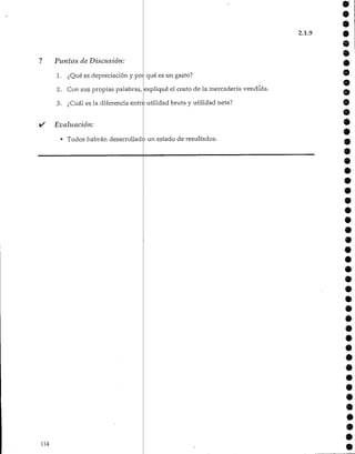 Puntos de Discusión:
1- ¿Qué es depreciación y por qué es un gasto?
2. Con sus propias palabras,
2.1.9 9
9
expliqué el costo de la mercadería vendida.
3. ¿Cuál es la diferencia entre utilidad bruta y utilidad neta?
Evaluación:
• Todos habrán desarrollado un estado de resultados.
9
9
9
9
9
9
9
9
9
9
9
9
9
9
9
9
114
 