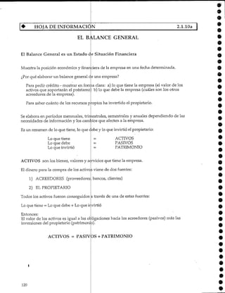 HOJA DE INEORMACI0N 2.1.10a
EL BALANCE GENERAL
El Balance General es un Estado de Situación Financiera
Muestra la posición económica y financiera de la empresa en una fecha determinada.
¿Por qué elaborar un balance general de una empresa?
Para pedir crédito - mostrar en forma clara: a) lo que tiene la empresa (el valor de los
activos que soportarán el préstamo) b) lo que debe la empresa (cuáles son los otros
acreedores de la empresa).
Para saber cuánto de los recursos propios ha invertido el propietario.
Se elaboraen períodos mensuales, trimestrales/ semestrales y anuales dependiendo de las
necesidades de información y los cambios que afecten a la empresa.
Es un resumen de lo que tiene, lo que debe y lo que invirtió el propietario:
9
9
9
9
9
9
9
9
9
9
9
9
Lo que tiene
Lo que debe
Lo que invirtió
ACTIVOS son los bienes, valores y servicios que tiene la empresa.
El dinero para la compra de los activos viene de dos fuentes:
1) ACREEDORES (proveedores
2) ELPROPIETARIO
Todos los activos fueron conseguidos
ACTIVOS
PASIVOS
PATRIMONIO
, bancos/ clientes)
a través de una de estas fuentes:
Lo que tiene = Lo que debe + Lo que invirtió
Entonces:
El valor de los activos es igual a las obligaciones hacia los acreedores (pasivos) más las
inversiones del propietario (patrimonio).
ACTIVOS = PASIVOS + PATRIMONIO
120
*
 