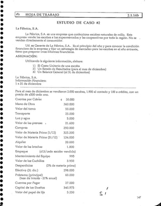 HOJA DE TRABAJO 2.1.14b
ESTUDIO DE CASO #2
La Fábrica, S.A.
La Fábrica, S.A. es una empresa que confecciona escobas naturales de millo. Esta
empresa vende las escobas a los supermercados y las cooperativas por toda la región. No se .
venden directamente al consumidor.
Ud. es Gerente de La Fábrica, S.A.. Es el principio del año y para conocer la condición
financiera de la empresa y fijar un estrategia de mercadeo para las escobas en el año entrante,
tiene que preparar unos informes financieros.
ASIGNACIÓN:
Utilizando la siguiente información, elabore:
1) El Costo Unitario de una escoba
2) Un Estado de Resultados (para el mes de diciembre)
3) Un BalanceGeneral (al 31 de diciembre)
La Fábrica, S.A.
Información Financiera:
1 a 31 de diciembre
Para el mes de diciembre se vendieron 2.000 escobas, 1.900 al contado y 100 a crédito, con un
precio de c500 cada uno.
Cuentas por Cobrar <£ 50.000
Mano de Obra 360.000
Valor del torno 50.000
Transporte 25.000
Luz y agua 5.000
Valor de las prensas < 21.600
Compras 250.000
Valor de Materia Prima (1/12) 325.500
Valor de Materia Prima (31/12) ' 134.000
Alquiler 20-000
Valor de las brochas 1.800
Empaque (?13/cada escoba vendida)
Mantenimiento del Equipo 995
Valor de los Cuchillos 3.950
Desperdicios (2%de materia prima)
Efectivo (31 dic.) 298.000
Préstamo (principal) 60.000
(tasa de interés - 21%anual)
Cuentas por Pagar 27.000
Capital de losDueños 340.975 /
Valor del papel de lija 5.250 ^ ^
147
 