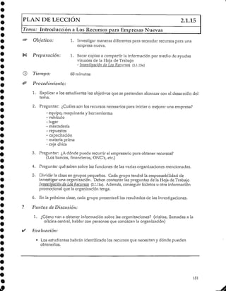 PLAN DE LECCIÓN 2.1.15
Tema: Introducción a Los Recursos para Empresas Nuevas
C3f> Objetivo: 1. Investigar maneras diferentespara recaudar recursospara una
empresa nueva.
$& Preparación: 1. Sacar copias o compartir la informaciónpor medio de ayudas
visuales de la Hoja de Trabajo:
- Investigación de Los Recursos (2.1.15a)
0 Tiempo: 60minutos
& Procedimiento:
1. Explicar a los estudiantes los objetivos que se pretenden alcanzar con el desarrollo del
tema.
2. Preguntar: ¿Cuáles son los recursos necesarios para iniciar o mejorar una empresa?
- equipo, maquinaria y herramientas
- vehículo
- lugar
- mercadería
- repuestos
- capacitación
- materia prima
- caja chica
3. Preguntar: ¿A dónde puede recurrir el empresario para obtener recursos?
(Los bancos, financieros, ONG's, etc.)
4. Preguntar qué saben sobre las funciones de las varias organizaciones mencionadas.
5. Dividir la clase en grupos pequeños. Cada grupo tendrá la responsabilidad de
investigar una organización. Deben contestar las preguntas de la Hoja de Trabajo
Investigación de Los Recursos (2.1.15a). Además, conseguir folletos u otra información
promocional que la organización tenga.
6. En la próxima clase, cada grupo presentará los resultados de las investigaciones.
? Puntos de Discusión:
1. ¿Cómo van a obtener informaciónsobre las organizaciones? (visitas, llamadas a la
oficina central,hablar con personas que conozcan la organización)
• Evaluación:
• Los estudiantes habrán identificado los recursos que necesitan y dónde pueden
obtenerlos.
151
 