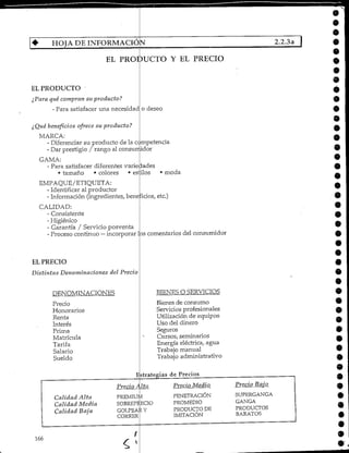 4; HOJA DE INFORMACIÓN 2.2.3a
o
*EL PRODUCTO Y EL PRECIO
EL PRODUCTO
¿Para qui compran su producto?
- Para satisfacer una necesidad o deseo
¿Qué beneficios ofrece su producto?
MARCA:
- Diferenciar su producto de la competencia
- Darprestigio / rango al consurridor
GAMA:
- Para satisfacer diferentes variedades
• tamaño • colores • es'llos *moda
EMPAQUE/ETIQUETA:
- Identificar al productor
- Información (ingredientes, beneficios, etc.)
CALIDAD:
- Consistente
-Higiénico
- Garantía / Servicio posventa
- Proceso continuo —incorporar os comentarios del consumidor
EL PRECIO
Distintas Denominaciones del Precio
9
DENOMINACIONES
Precio
Honorarios
Renta
Interés
Prima
Matrícula
Tarifa
Salario
Sueldo
0
BIENES O SERVICIOS
Bienes de consumo
Servicios profesionales
Utilización de equipos
Uso del dinero
Seguros
Cursos, seminarios
Energía eléctrica, agua
Trabajo manual
Trabajo administrativo
Estrategias de Precios
Calidad Alta
Calidad Media
Calidad Baja
Precio Alto
PREMIUf
SOBREPF
GOLPEA
CORRER
/I
ECIO
<Y
Precio Medio
PENETRACIÓN
PROMEDIO
PRODUCTO DE
IMITACIÓN
Precio Bajo
SUPERGANGA
GANGA
PRODUCTOS
BARATOS
166
*
•
 