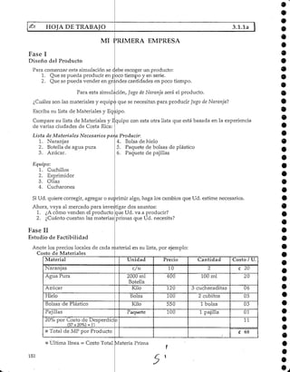HOJA DE TRABAJO 3.1.1a e
MI PRIMERA EMPRESA
Fase I
Diseño del Producto
Para comenzar esta simulación se debe escoger un producto:
1. Que se pueda producir en poco tiempo y en serie.
2. Que se pueda vender en grandes cantidades en poco tiempo.
Para esta simule
¿Cuáles son las materiales y equipó que se necesitan para producir Jugo de Naranjal
Escriba su lista de Materiales yEquipo.
Compare su lista de Materiales y Equipo con esta otra lista que está basada en la experiencia
de varias ciudades de Costa Rica:
Lista de Materiales Necesariospara Producir:
ción, Jugo de Naranja será el producto.
4. Bolsa de hielo
5. Paquete de bolsas de plástico
6. Paquete de pajillas
1. Naranjas
2. Botella de agua pura
3. Azúcar.
Equipo:
1. Cuchillos
2. Exprimidor
3. Olías
4. Cucharones
Si Ud. quiere corregir/ agregar o suprimir algo, haga los cambios que Ud. estime necesarios.
Ahora, vaya al mercado para investigar dos asuntos:
que Ud. va a producir?
primas que Ud. necesita?
1. ¿A cómo venden el producto
2. ¿Cuánto cuestan las materias
Fase II
Estudio de Factibilidad
Anote los precios locales de cada njiaterial en su lista, por ejemplo:
Costo de Materiales
Material
Naranjas
Agua Pura
Azúcar
Hielo
Bolsas de Plástico
Pajillas
20% por Costo de Desperdici
(57x20%) =11
* Total de MPpor Producto
0
Unidad
c/u
2000 mi
Botella
Kilo
Bolsa
Kilo
Paquete
Precio
10
400
120
100
550
100
Cantidad
2
100 mi
3 cucharaditas
2 cubitos
1 bolsa
1 pajilla
Costo / U.
e 20
20
06
05
05
01
11
(í 68
* Ultima línea ~ Costo Total Matería Prima
182
5'
 