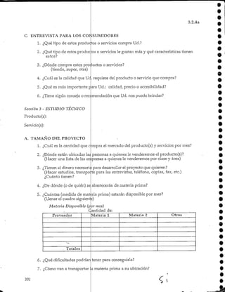 3.2.4a
C. ENTREVISTA PARA LOS CONSUMIDORES
1- ¿Qué tipo de estos productos o servicios compra Ud.?
2. ¿Qué tipo de estos productos o servicios le gustan más y qué características tienen
estos?
3. ¿Dónde compra estos productos o servicios?
(tienda, super, otra)
9
••
•
4. ¿Cuál es la calidad que Ud
2. ¿Dónde están ubicadas la¡
(Hacer estudios, transpo;
¿Cuánto tienen?
4. ¿De dónde (o de quién) se
. requiere del producto o servicio que compra?
5. ¿Qué es más importante para Ud.: calidad, precio o accesibilidad?
6. ¿Tiene algún consejo o recomendación que Ud. nos puede brindar?
Sección 3 - ESTUDIO TÉCNICO
Producto(s):
Servicio(s):
A. TAMAÑO DEL PROYECTO
1. ¿Cuál es la cantidad que ompra el mercado del producto(s) y servicios por mes?
personas a quienes le venderemos el producto(s)?
(Hacer una lista de las empresas a quienes le venderemos por clase y área)
3. ¿Tienen el dinero necesario para desarrollar el proyecto que quieren?
te para las entrevistas, teléfono, copias, fax, etc.)
abastecerán de materia prima?
5. ¿Cuántas (medida de materia prima) estarán disponible por mes?
(Llenar el cuadro siguiente)
Materia Disponible (por mes)
Cantidad de:
202
6.
7.
Proveedor
—
Totales
Materia 1
¿Qué dificultades podrían
¿Cómo van a transportar
Materia 2 Otros
tener para conseguirla?
a materia prima a su ubicación?
<»'
o
o
a
o
 