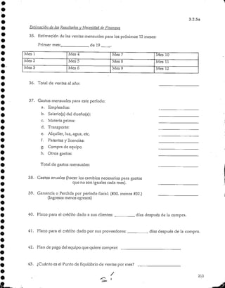 3.2.5a
Estimación de ¡ns Resultados y Necesidad de Finanzas
35. Estimación de las ventas mensuales para los próximos 12 meses:
Primer mes:_ . de 19
Mes 1
Mes 2
Mes 3
Mes 4
Mes 5
Mes 6
Mes 7
Mes 8
Mes 9
Mes 10
Mes 11
Mes 12
36. Total de ventas al año:
37. Gastos mensuales para este período:
a. Empleados:
b. Salario(s) del dueño(s):
c. Materia prima:
d. Transporte:
e. Alquiler, luz, agua,etc.
f. Patentes y licencias:
g. Compra de equipo
h. Otros gastos:
Total de gastos mensuales:
38. Gastos anuales (hacer los cambios necesarios para gastos
que no son iguales cada mes).
39. Ganancia o Perdida por período fiscal: (#30. menos #32.)
(Ingresos menos egresos)
40. Plazo para el crédito dado a sus clientes: días después de la compra.
41. Plazo para el crédito dado por sus proveedores: días después de la compra.
42. Plan de pago del equipo que quiere comprar:
43. ¿Cuánto es el Punto de Equilibrio de ventas por mes?
213
 