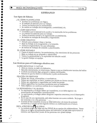 > HOJA DE INFORMACIÓN 1.1.6a |
LIDERAZGO
Los tipos de líderes:
,y ELLÍDER PLANIFICADOR
• Analiza los problemas con lógica.
• El método es esencial para su trabajo.
• Valora los hechos por su racionalidad.
• Se realiza en trabajos de investigación, contabilidad, etc.
EL LÍDER EJECUTIVO
• Considera que lo esencial es la acción y la resolución de los problemas.
• La práctica es esencial para su trabajo.
• Valora el sentido común y la organización ya establecida.
• Se realiza en trabajos de dirección y negociación.
EL LÍDER CREATIVO
• Dotado para plasmar ideas y teorías.
• Basa su trabajo en la imaginación y la intuición.
• Valora la originalidady los que sobresalen.
• Se realiza en trabajos de creación y planificación.
EL LÍDER SOCIABLE
• Capta el estado anímico/ los sentimientos y las reacciones de las personas.
• Basa su trabajo en su simpatía y afectividad.
• Valora la personalidad y la capacidad de relación social.
• Le gusta trabajar en equipo.
I
Las técnicaspara el Liderazgo efectivo son:
SABER ESCUCHAR Y CAPTAR
• Abra su mente, no esté a la defensiva.
• Escuche atentamente, no interrumpa. Espere a que su interlocutor termine de hablar,
• Cuándo no entienda algo, pregunte y espere clarificación.
• Resuma lo que ha dicho su interlocutor y pida confirmación.
FIJACIÓN DE OBJETIVOS
• Deben ser claros, alcanzables y cuantitativos.
• Deben ser explícitos, es decir, puestos por escrito en forma concisa.
• Deben ser aceptados y negociados por todas las partes.
• Deben especificar los recursos necesarios para su realización.
• Estar sujetos a un continuo análisis de su cumplimiento.
LA REPRIMENDAY ELELOGIO
• La reprimenda y el elogio deben ser inmediatos, no se debe esperar a la
acumulación de tensiones e inconformidad.
• La reprimenda y el elogio deben dirigirse a aspectos concretos y no al desempeño
en general.
• En el caso de una reprimenda,-.esta debe hacerse con sumo cuidado. Sejuzga a
las acciones y no a las personas."- ,-_
• Cuando se han cometido errores se debe estimular a la toma de acciones
correctivas y cuando se han logrado éxitos a su reafirmación en el futuro.
SEPA APROVECHABAS IDEAS
• La materia prima ael líder son las IDEAS de su equipo de colaboradores. Tener
ideas es un sisfno dev,realización plena del individuo y el jefe debe aprovechar al
máximo esa capacidad innata de las personas con quien trabaja.
f • 17
i
 