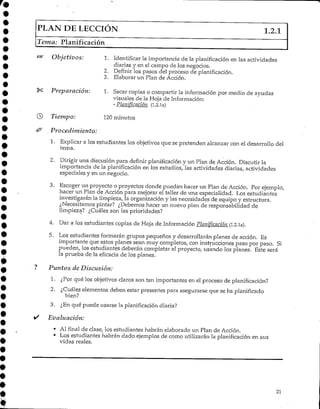 PLAN DE LECCIÓN 1.2.1
Tema: Planificación
Objetivos:
Preparación:
Tiempo:
Procedimiento:
1. Identificar la importancia de la planificación en las actividades
diarias y en el campo de los negocios.
2. Definir los pasos del proceso de planificación.
3. Elaborar un Plan de Acción.
1. Sacar copias o compartir la información por medio de ayudas
visuales de la Hoja de Información:
- Planificación (1.2.1 a)
120 minutos
1. Explicar a los estudiantes los objetivos que se pretenden alcanzar con el desarrollodel
tema.
2. Dirigir una discusión para definir planificacióny un Plan de Acción. Discutir la
importancia de la planificación en los estudios/ las actividades diarias/ actividades
especiales y en un negocio.
3. Escoger un proyecto o proyectos donde puedan hacer un Plan de Acción. Por ejemplo,
hacer un Plan de Acción para mejorar el taller de una especialidad. Los estudiantes
investigarán la limpieza/ la organización y las necesidades de equipo y estructura.
¿Necesitamos pintar? ¿Debemos hacer un nuevo plan de responsabilidad de
limpieza? ¿Cuáles son las prioridades?
4. Dar a los estudiantes copias de Hoja de Información Planificación (1.2.1a).
5. "Los estudiantes formarángrupos pequeños y desarrollaránplanes de acción. Es
importante que estos planesseanmuy completos/ con instrucciones paso por paso. Si
pueden, los estudiantes deberán completar el proyecto/ usando los planes. Este será
ía prueba de la eficacia de los planes.
Pimíos de Discusión:
1. ¿Por qué los objetivos claros son tan importantes en el proceso de planificación?
2. ¿Cuáles elementos deben estar presentes para asegurarse que se ha planificado
bien?
3. ¿En qué puede usarse la planificacióndiaria?
Evaluación:
• Al final de clase, los estudiantes habrán elaborado un Plan de Acción.
• Los estudiantes habrán dado ejemplos de como utilizarán la planificación en sus
vidas reales.
21
 